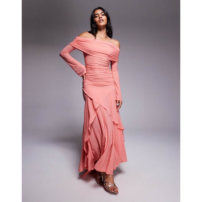 ASOS DESIGN stretch chiffon long sleeve bardot maxi dress with