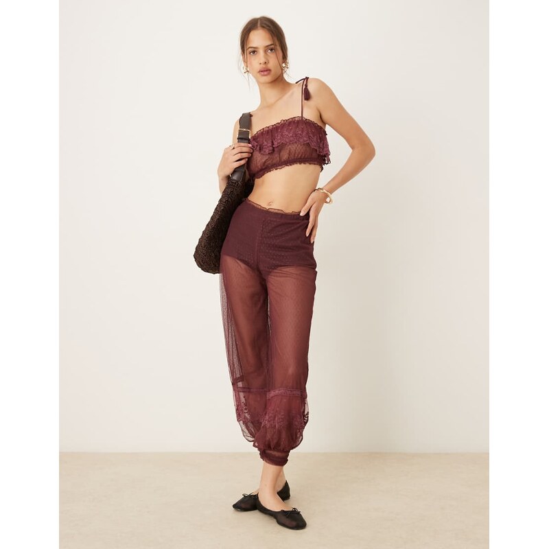ASOS DESIGN co-ord sheer dobby mesh lace hem trouser in berry-White 107446735