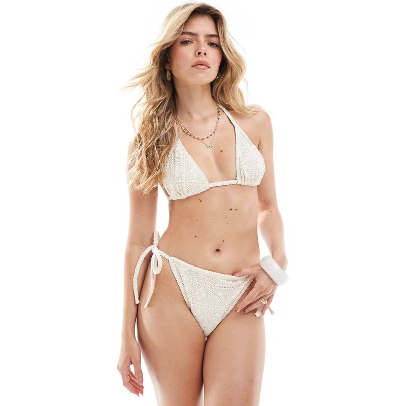 4th & Reckless crochet look tie side bikini bottom co-ord in cream 107446739