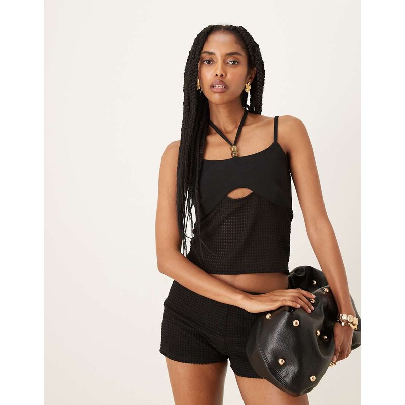 ASOS DESIGN co-ord crochet halter neck detail top with bead detail in black