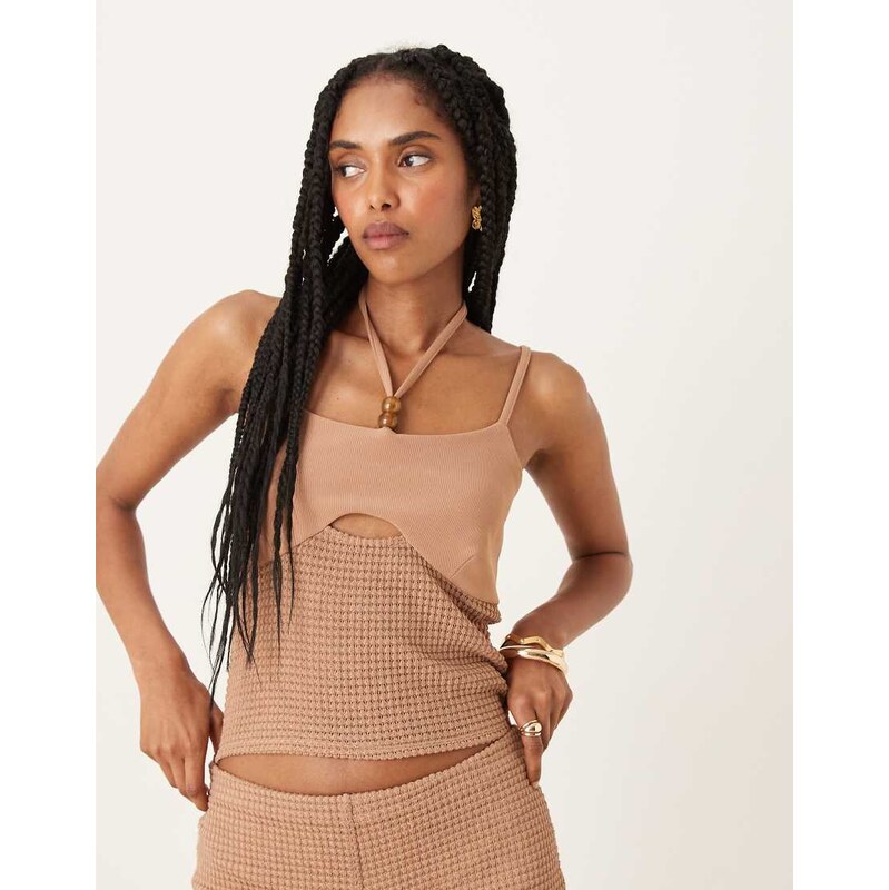 ASOS DESIGN co-ord crochet halter neck detail top with bead detail in mocha-Brown