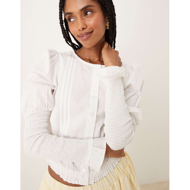 Neon Rose puff and shirred sleeve blouse in white