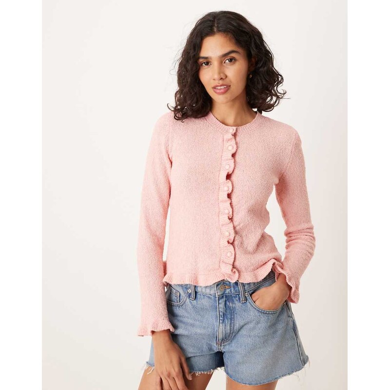 ASOS DESIGN textured knit cardigan with frill hems in pink 115691587
