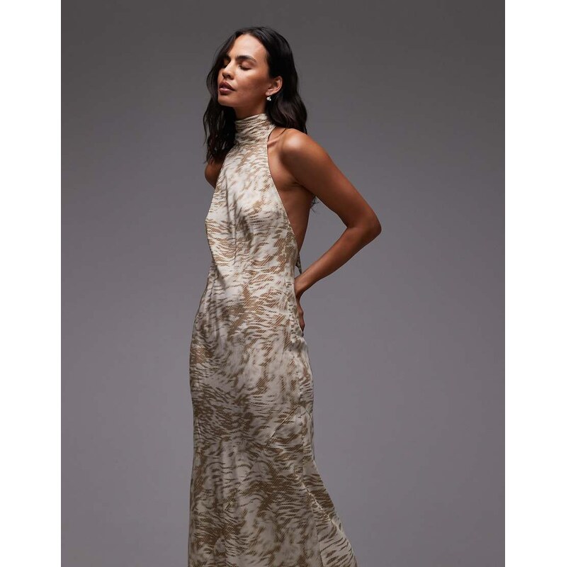 Topshop full neck halter midi dress in beige abstract zebra