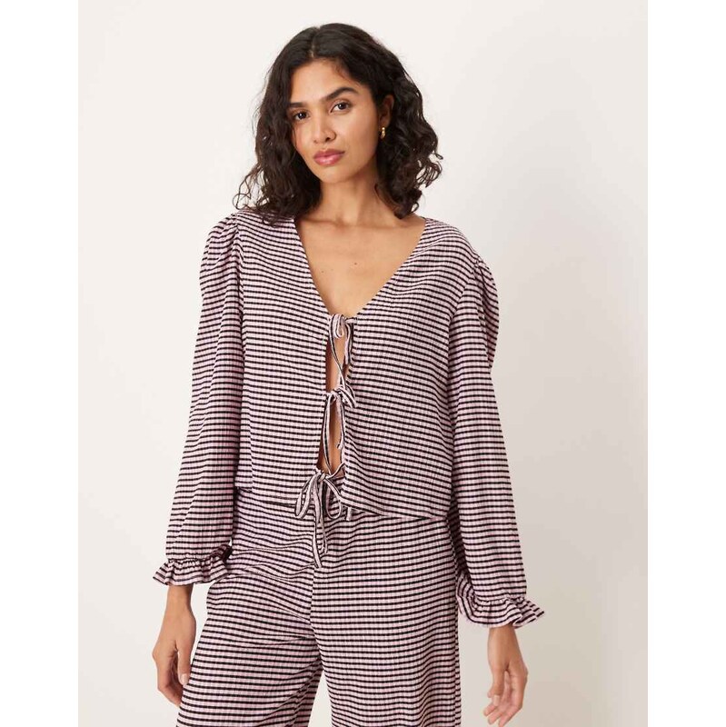 ASOS DESIGN tie front wide sleeve top co-ord in black & pink