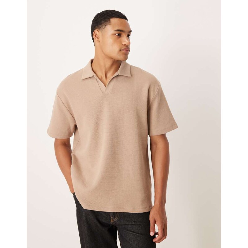 ASOS DESIGN relaxed revere polo in beige waffle-Neutral