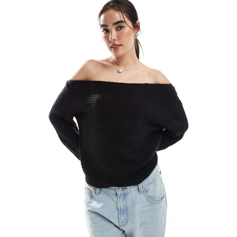 ASOS DESIGN knitted off the shoulder slouchy jumper in black 115510959