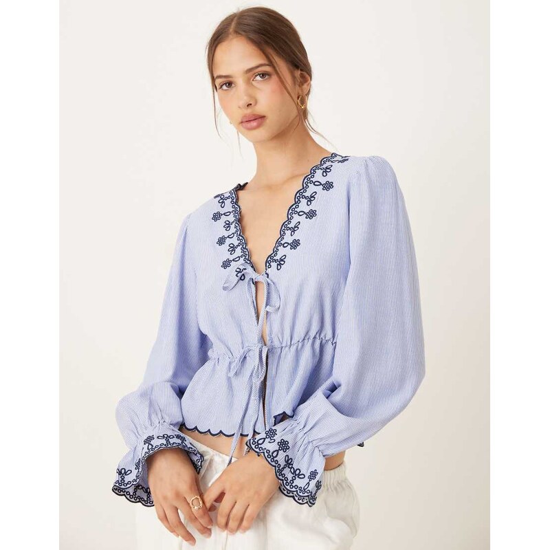 JDY embroidery detail tie front top in light blue 107449396