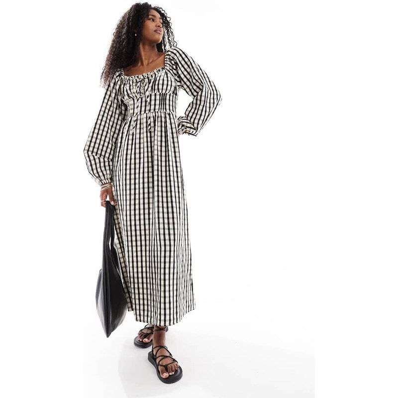 Daisy Street long sleeve shirred bodice midaxi dress in black