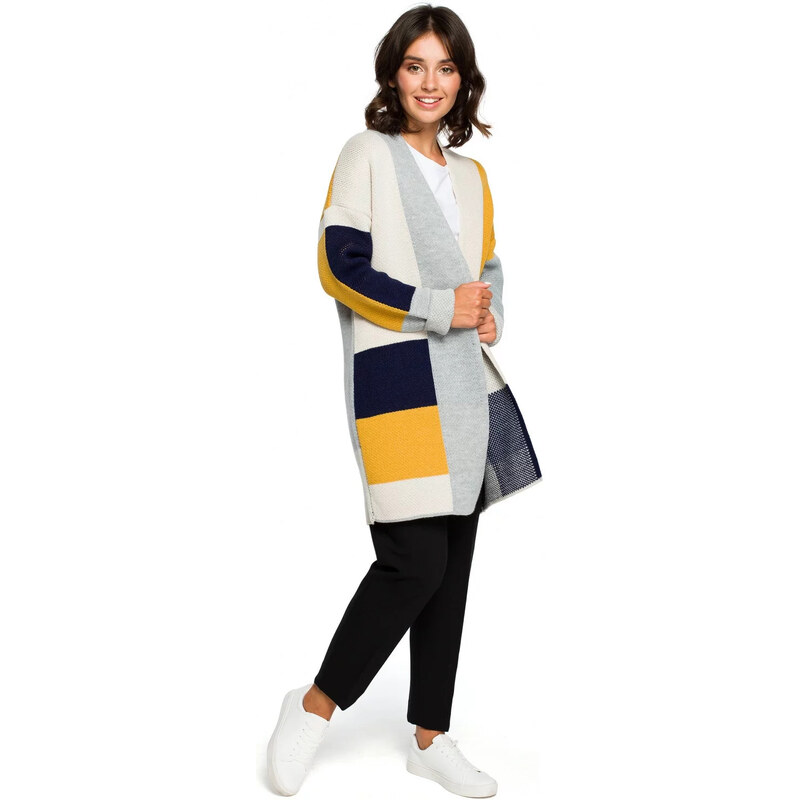 Dámský dlouhý svetr BK011 model 2 Béžovo-žluto-šedá - BEwear