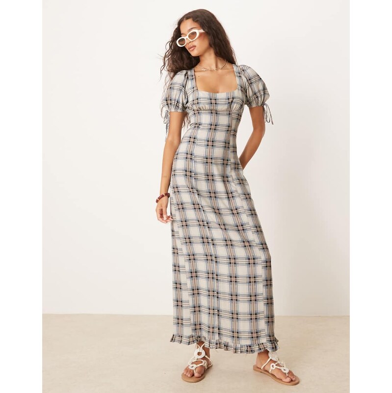 ASOS DESIGN pencil tea midi dress in grey check-Multi