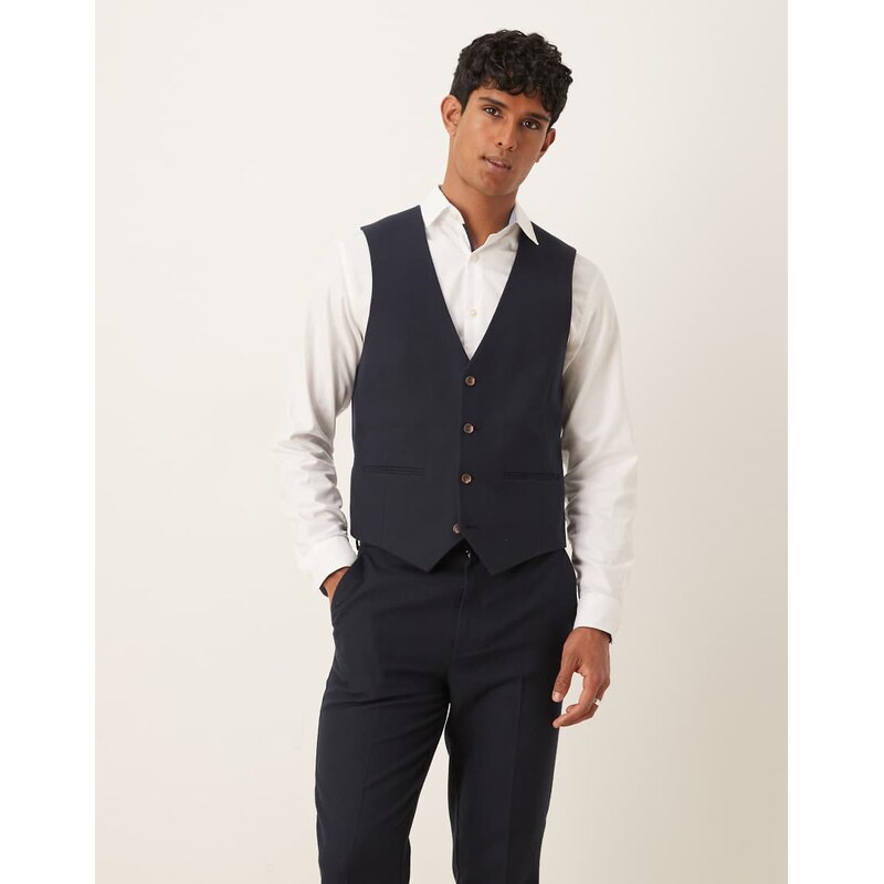 ASOS DESIGN slim suit waistcoat in navy herringbone wool look
