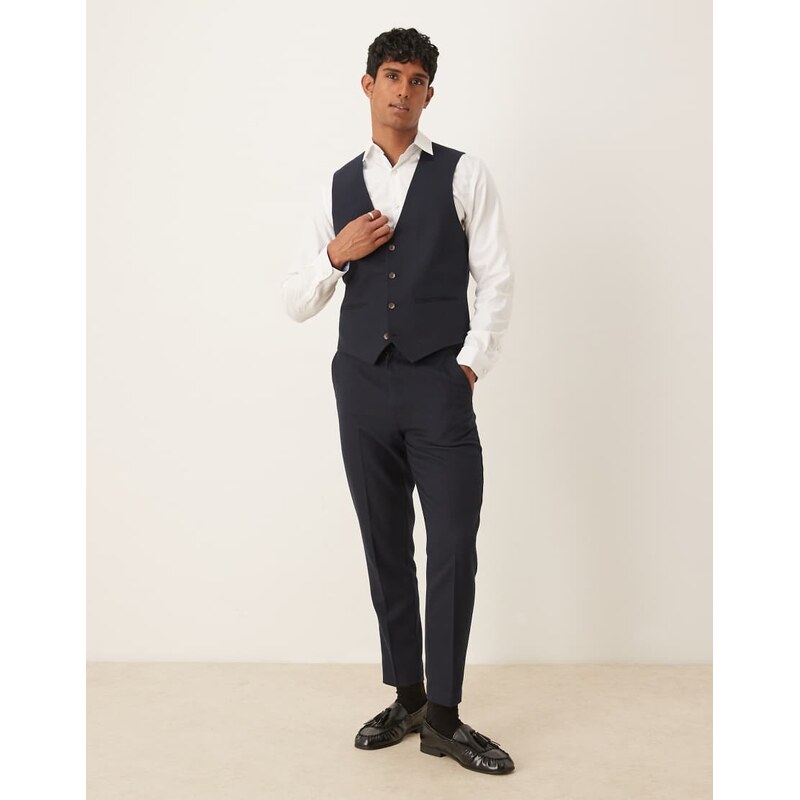 ASOS DESIGN slim suit waistcoat in navy herringbone wool look