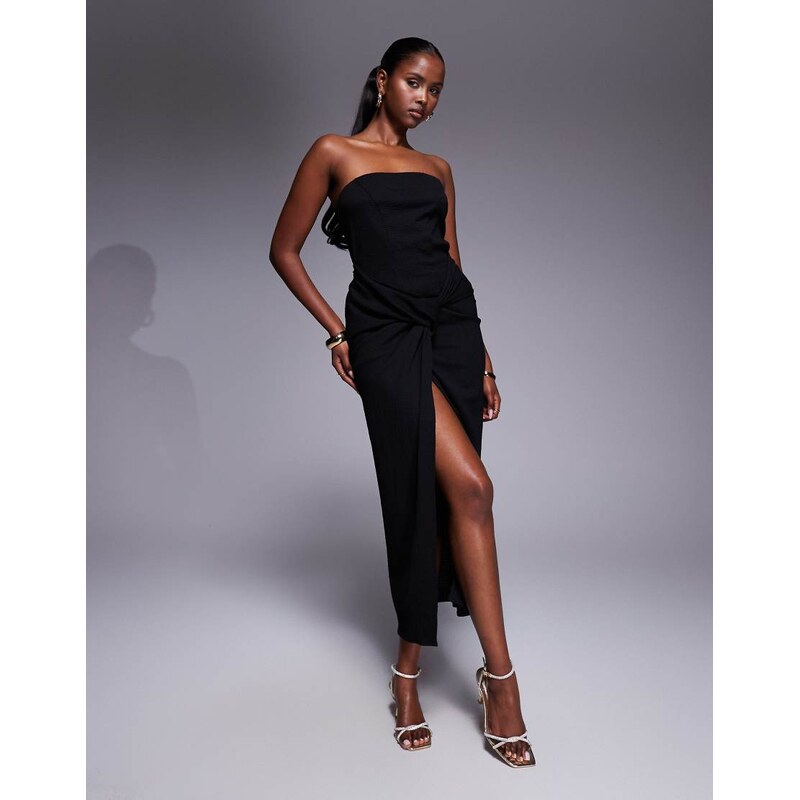 ASOS DESIGN bandeau twist drape front midi dress in black