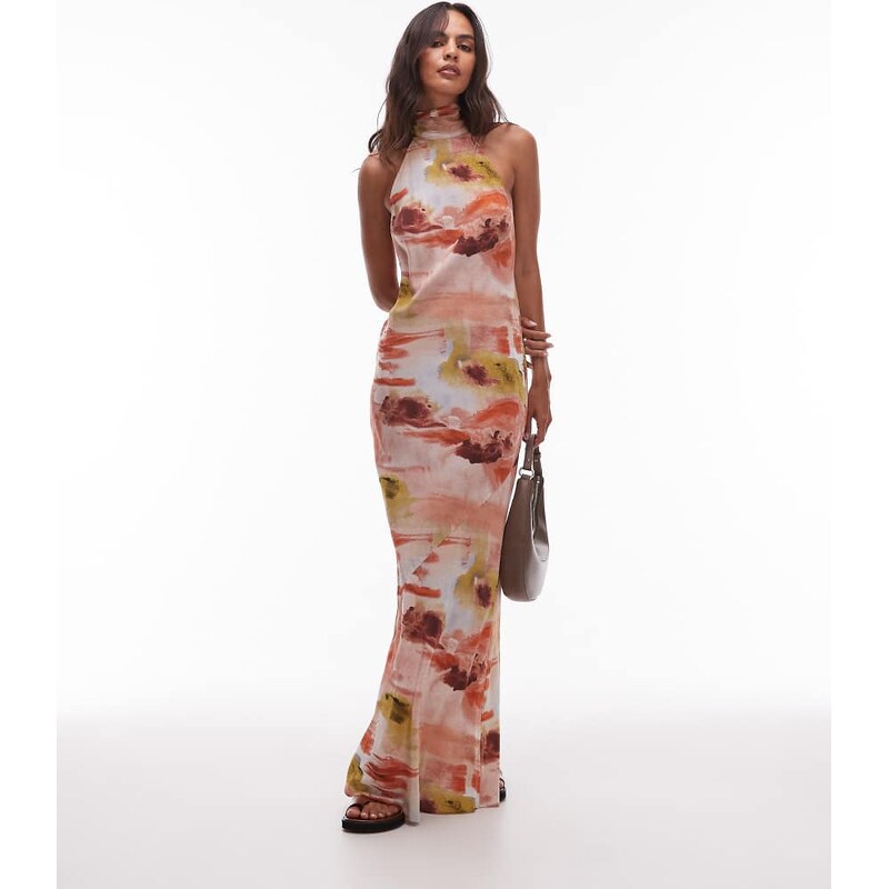 Topshop full neck halter midi dress in bold abstract floral