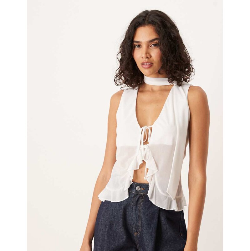 ASOS DESIGN ruffle waistcoat with scarf in ivory-White 107431715