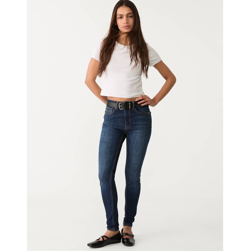Stradivarius D07 regular waist skinny jeans in overdyed blue denim 107458625