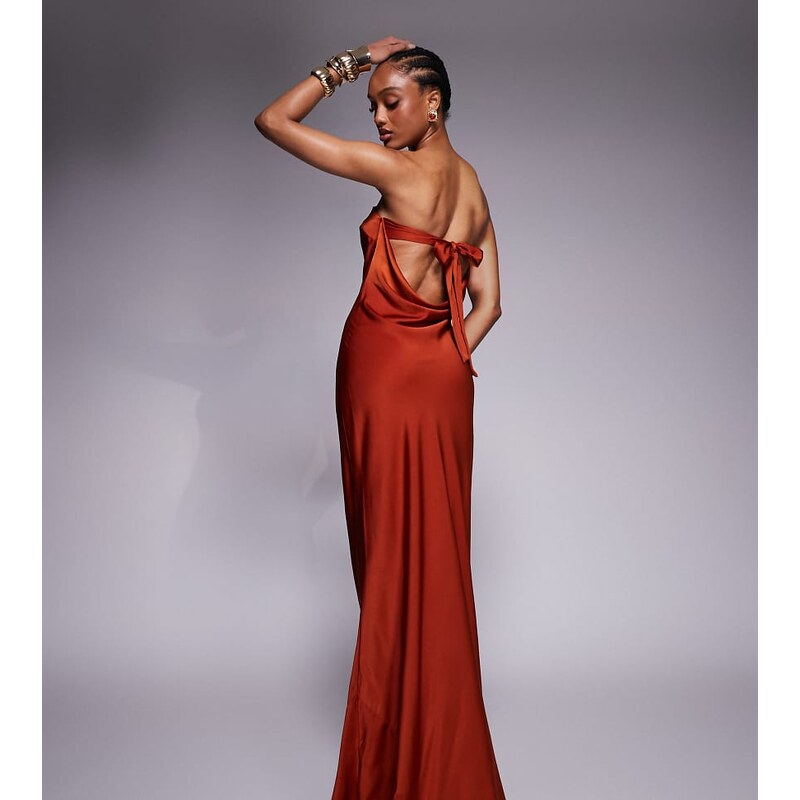 ASOS Tall ASOS DESIGN Tall satin trapeze bandeau maxi dress with bow 107458666