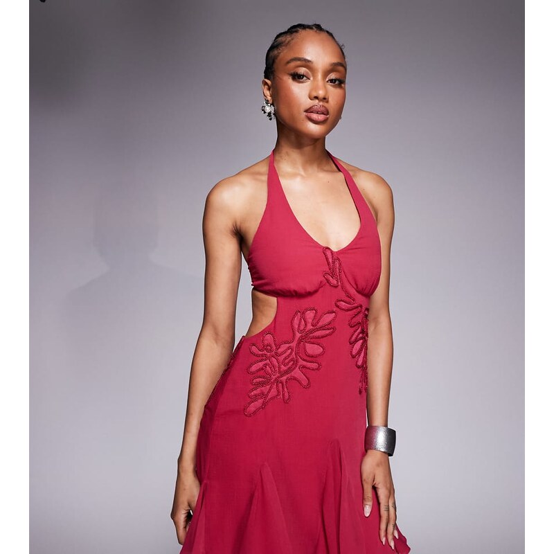 ASOS Tall ASOS DESIGN Tall embroidered halter mini dress with godets 107458673