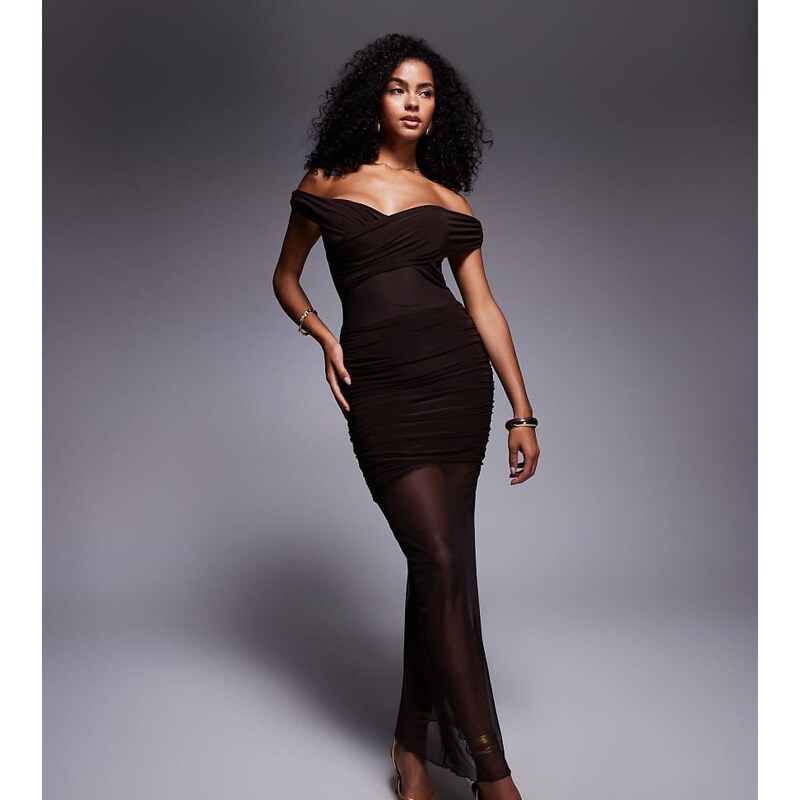 Kaiia exclusive double layered slinky off shoulder sheer mesh hem maxi 107460193