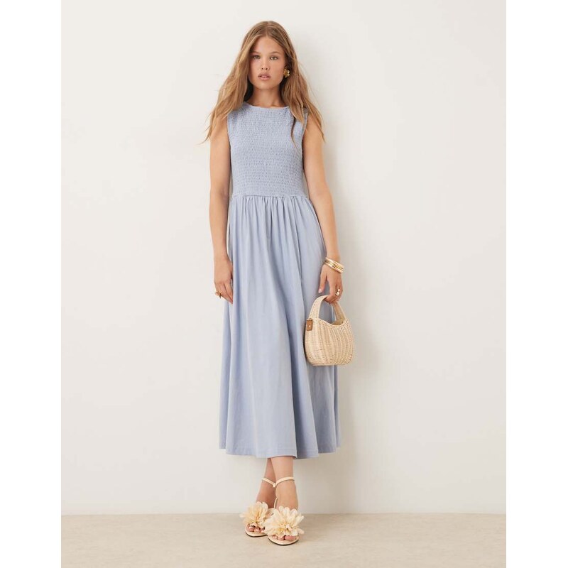 Nobodys Child Billie shirred bodice midi dress in dusty blue 107460228