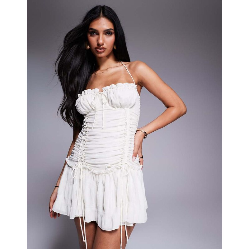 Aria Cove chiffon trim ruffle drop waist tie detail mini dress in 107829553