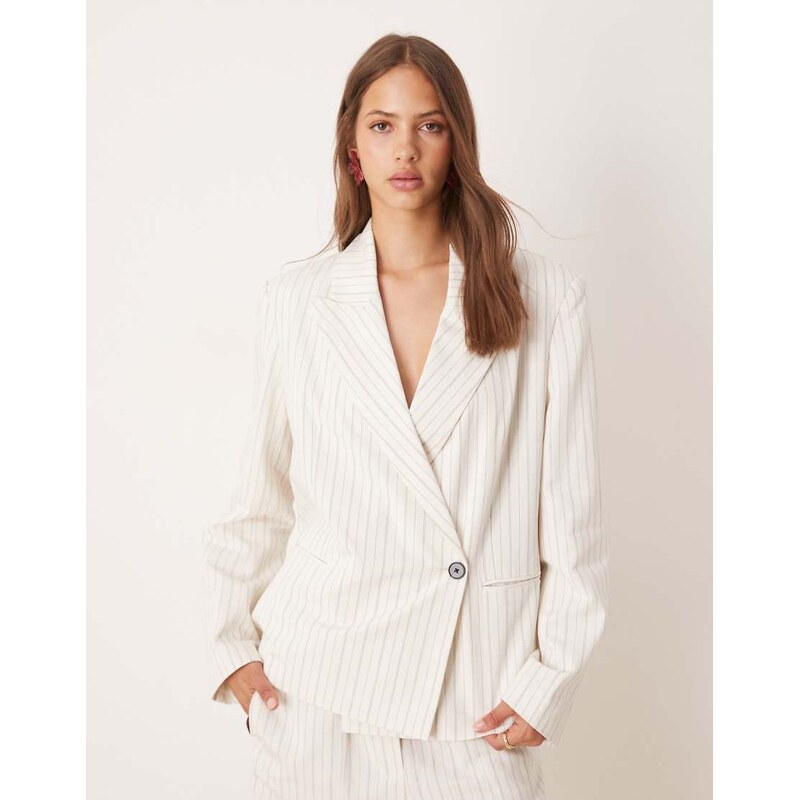 ASOS DESIGN oversized boxy blazer co-ord in linen stripe-White 107535293