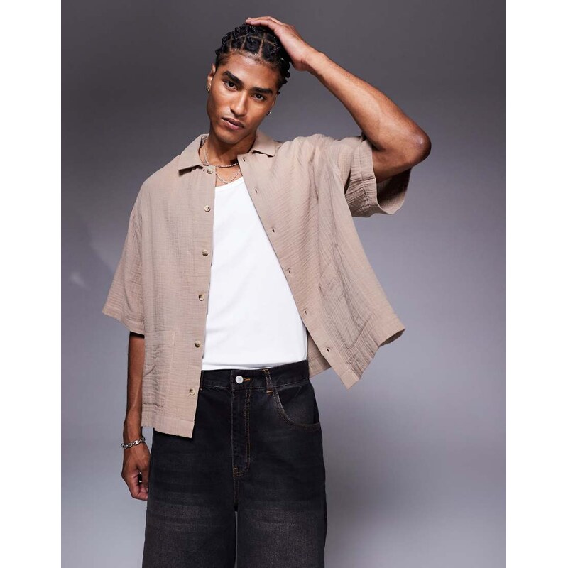 ASOS DESIGN boxy oversized shirt with pockets in brown