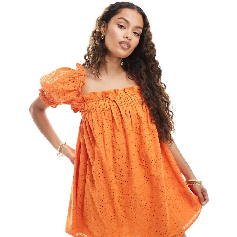 Miss Selfridge Petite broderie smock dress in orange
