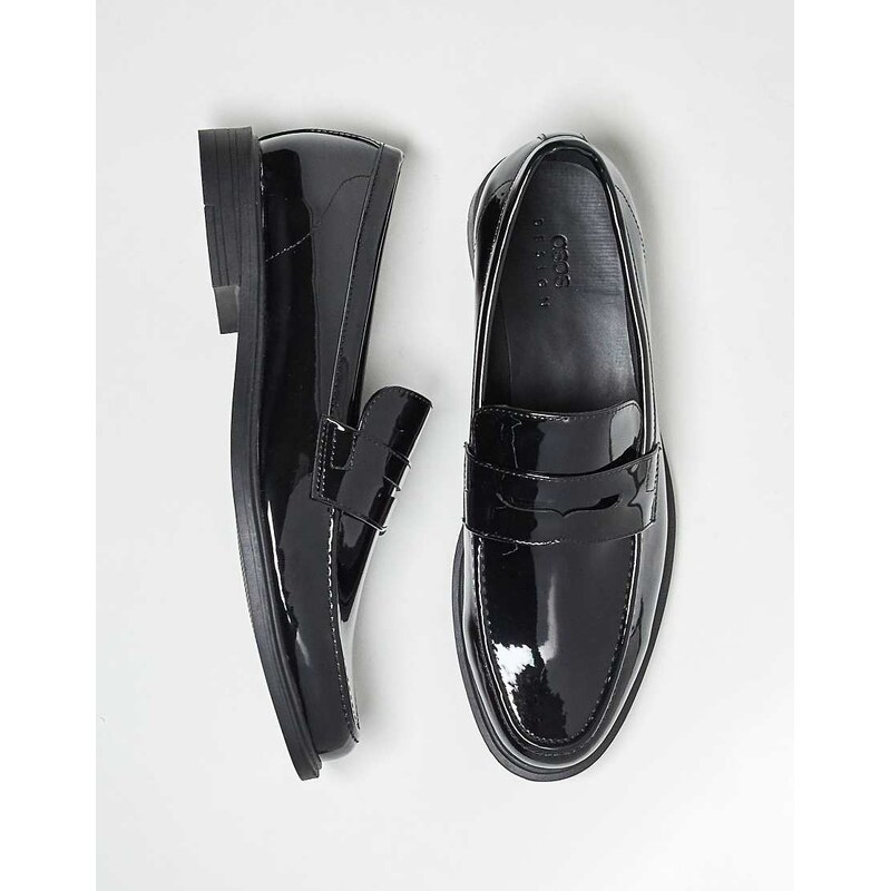 ASOS DESIGN patent penny loafers in black