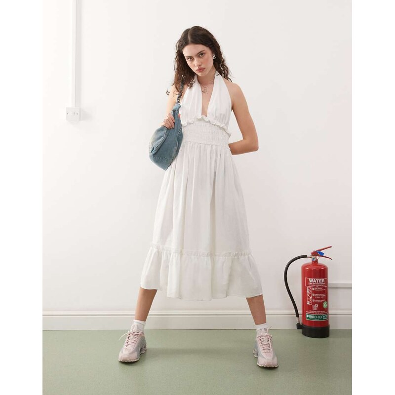 COLLUSION linen look halter midi dress in white - WHITE