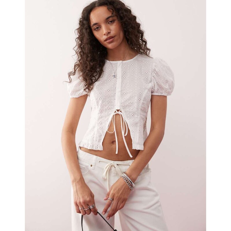 Lioness broderie puff sleeve button down tie detail cropped top co-ord 107496301