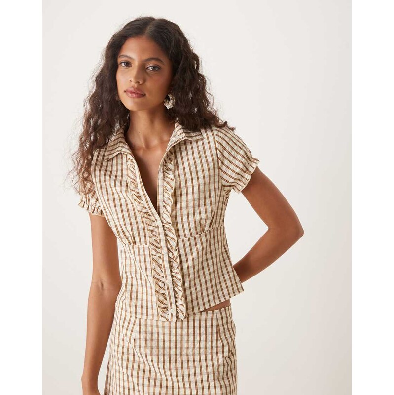Motel arla check print v-neck blouse in brown 107496302