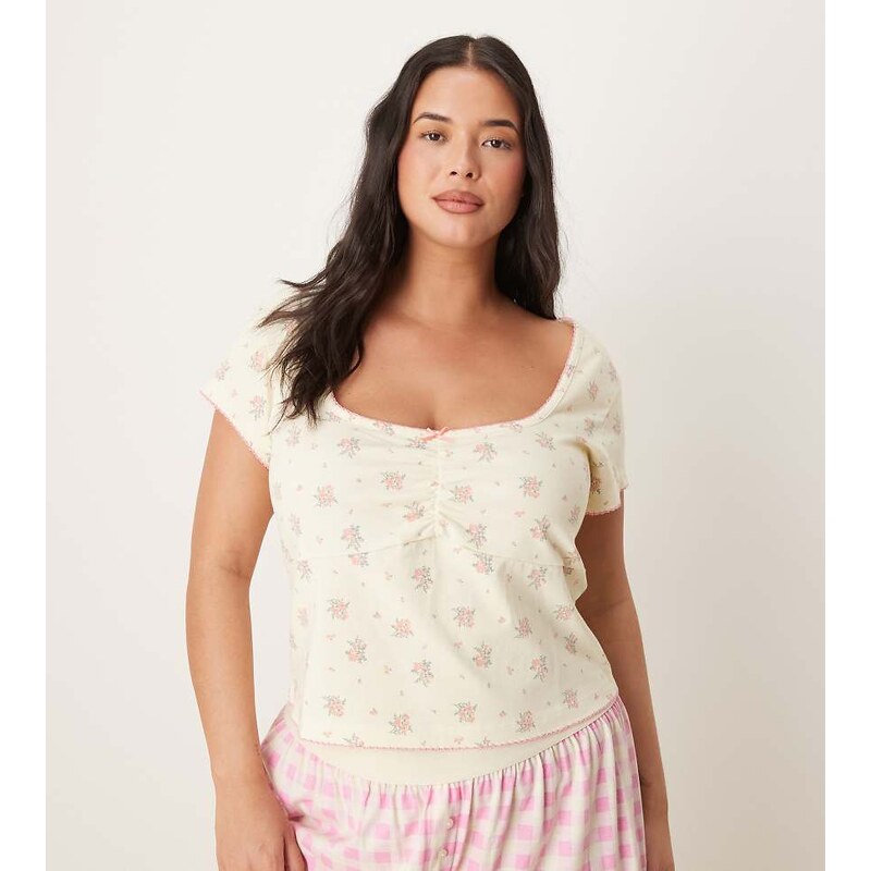 ASOS Curve ASOS DESIGN Curve mix & match milkmaid pyjama top in pale 111100262
