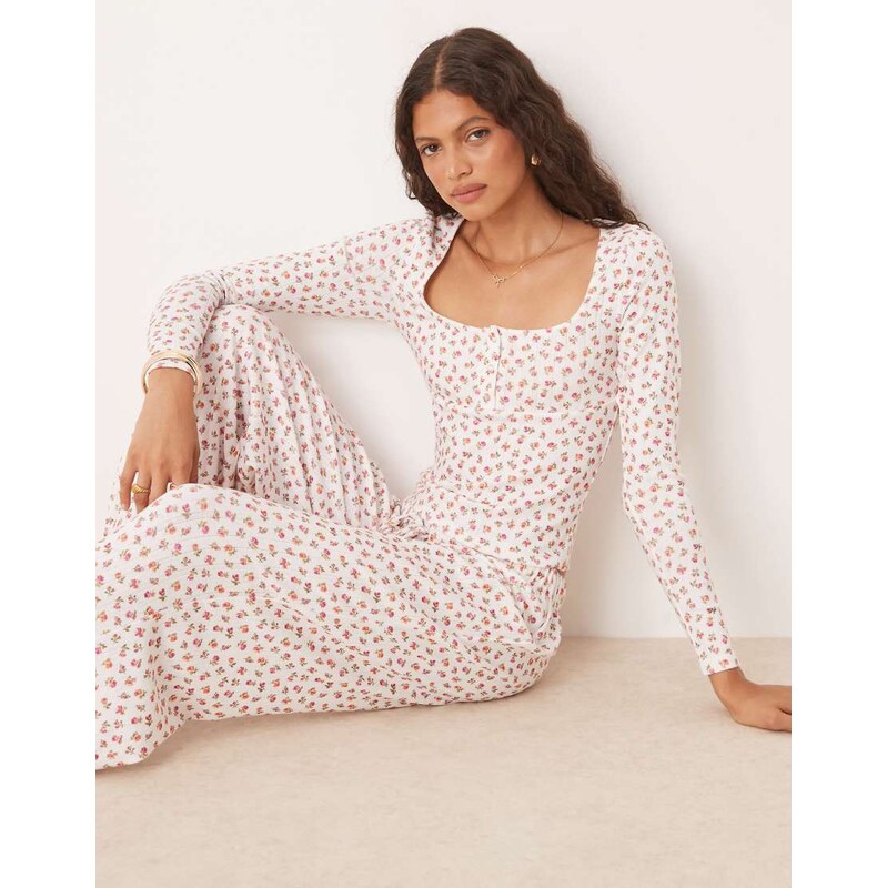ASOS DESIGN long sleeve pointelle top co-ord in ditsy floral-Multi 115746223