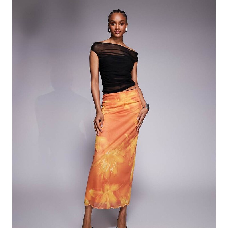 ASOS Tall ASOS DESIGN Tall mesh midi skirt in oversized floral print 107496284
