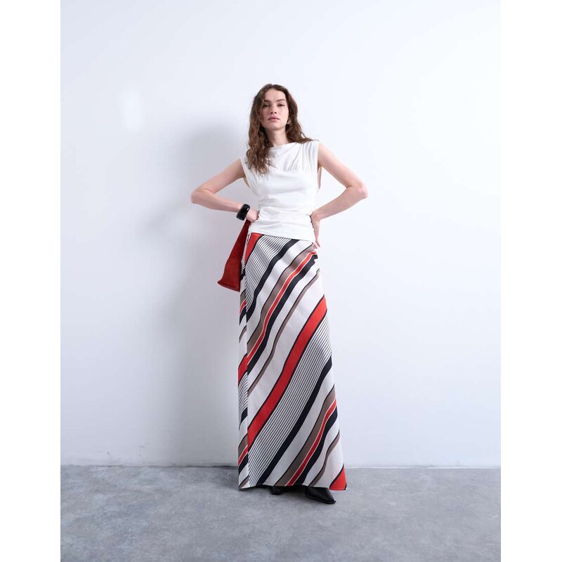 Topshop flood length maxi bias skirt in red and white stripe