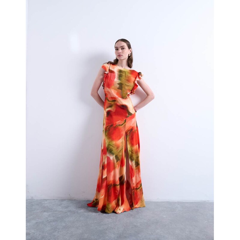 Topshop cowl back flutter sleeve maxi dress in abstract floral