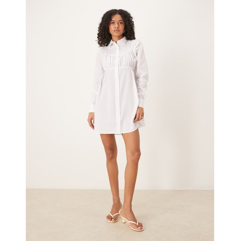 ASOS DESIGN ruched bust detail shirt mini dress in white-Multi