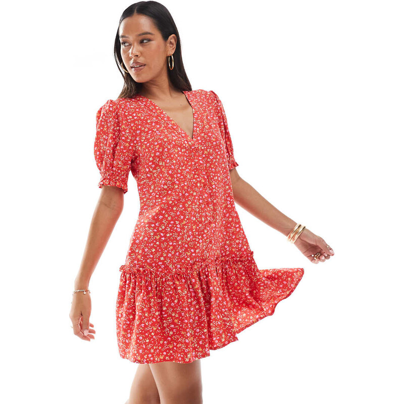 Miss Selfridge printed spun smock dress in red ditsy 107497722