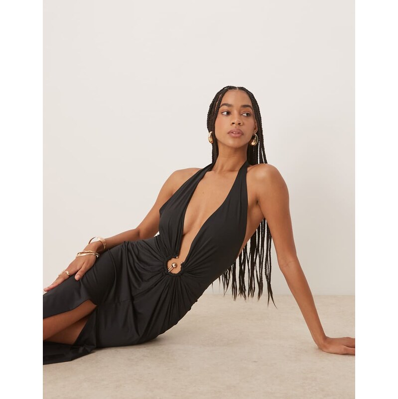 Bardot Alma plunging midi dress in black 107705885