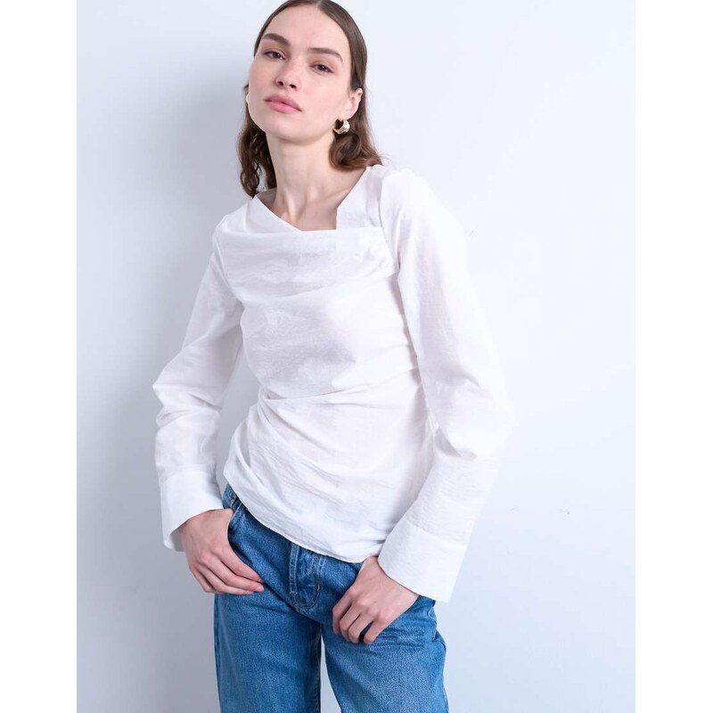 Topshop drape neck long sleeve top in white 115535477
