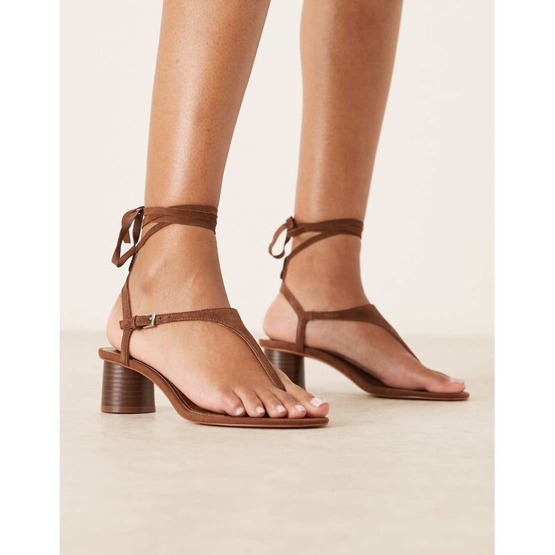 Mango leather block heel sandal with tie fastening in brown