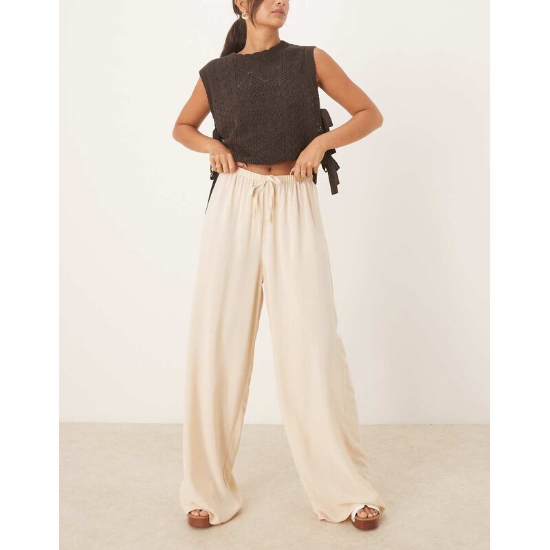 ASOS DESIGN linen blend pull on trouser in stone-Neutral