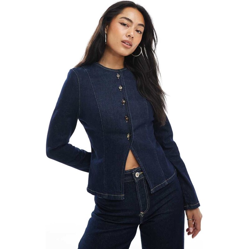 ASOS DESIGN collarless denim jacket with shoulder pads and