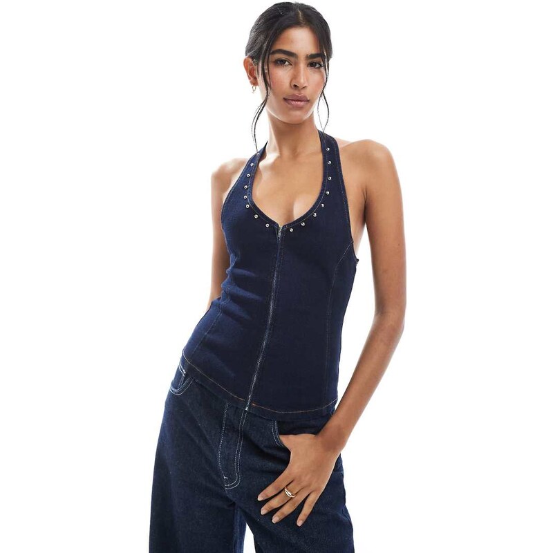 ASOS DESIGN denim halter neck top co-ord with zip front and studs in 107497859