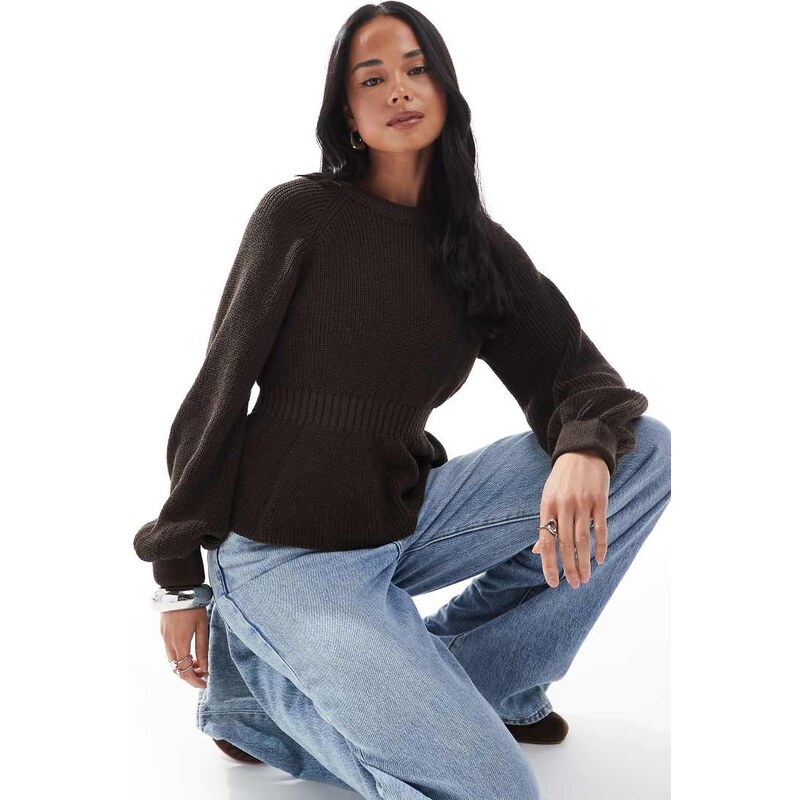 ASOS DESIGN knitted peplum jumper with cinch waist in brown