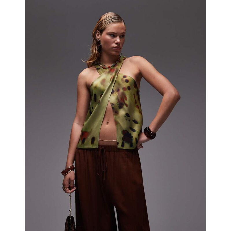ASOS DESIGN satin wrap front halter top in green tie dye print