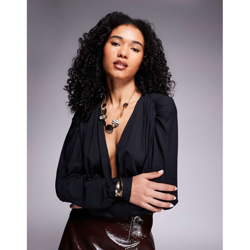 ASOS DESIGN wrap front plunge batwing top with shoulder pad detail in 115743827