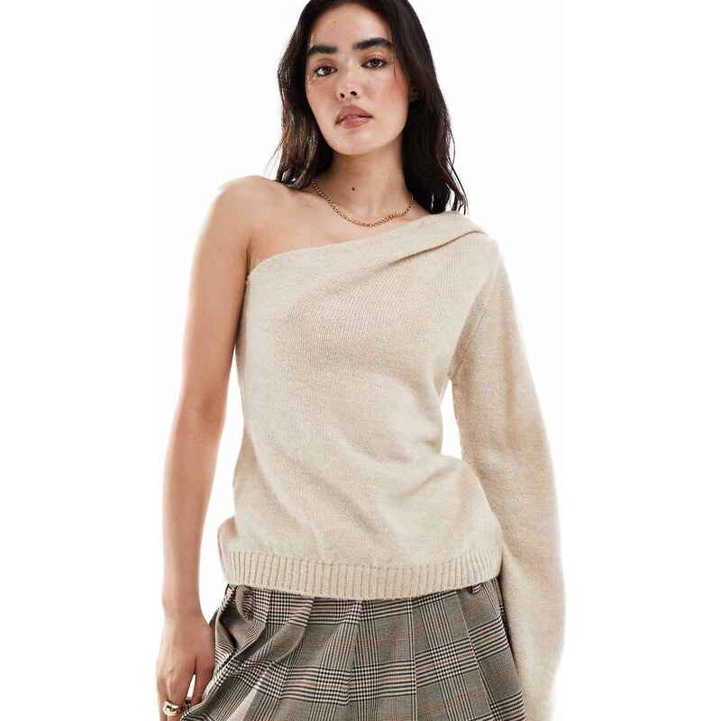 ASOS DESIGN knitted one shoulder jumper with gathers in ecru-White 107497927